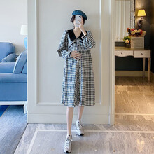 苒琦妈咪孕妇秋装翻领格子长款孕妇连衣裙长袖宽松大码开衫孕妈可哺乳长裙孕妇裙子 绿色格子 M