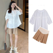 苒祺祺孕妇套装夏季薄款宽松衬衫上衣搭休闲托腹短裤潮妈洋气孕妇两件套夏款 白色上衣（单件） XXL