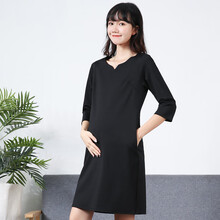 孕妇工装衬衣简约风夏装职业工作服2021春夏新款潮妈时尚V领上班短袖黑色连衣裙 黑色(七分袖夏款) 其它尺码  XL(建议125-140斤)