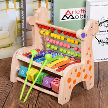 敲琴绕珠翻板小鹿计算架儿童早教珠算木质算珠架多功能木制 木妈妈   敲琴  原色