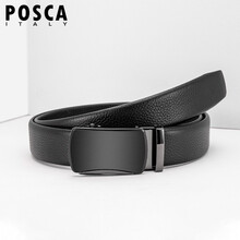 POSCA男士皮带头层牛皮自动扣商务休闲腰带礼盒装简约裤带 黑色 默认发110cm（其它长度请备注）