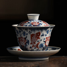 唐舍仿古草木灰单个三才盖碗大号陶瓷泡茶杯家用青花功夫盖碗茶杯茶具 仿古鱼戏莲盖碗