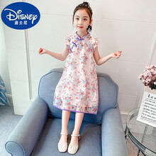迪士尼女童国风旗袍连衣裙2021夏季新款中大童复古洋气小碎花短袖裙子潮小孩子夏天穿的 粉红色 130