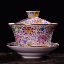 忆亨 珐琅彩盖碗茶具茶碗三才盖碗功夫陶瓷家用办公室泡茶杯 珐琅彩-粉300ml