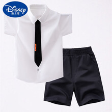 迪士尼旗舰官方店 男童套装新款衬衫短袖潮酷帅气儿童男孩中大童衬衣两件套夏季纯棉 白色(搭黑色短裤) 140cm