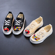 恬荘 儿童帆布鞋2021春秋季新款男女童芝麻街一脚蹬布鞋中大童宝宝涂鸦布鞋子潮 黑色芝麻街 34/20.5cm（偏小一码）