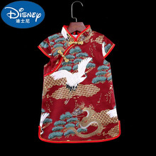 迪士尼品牌高端新品 2021夏季母女民族风亲子旗袍纯棉女童连衣裙宝宝唐装公主中大儿童 红底烫金龙图白仙鹤 妈妈XL