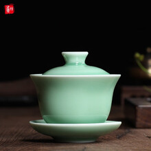 灵青坊青瓷 三才盖碗茶杯单个茶碗家用复古泡茶碗功夫茶具龙泉哥窑冰裂纹开片敬茶碗大号陶瓷手工防烫盖杯 弟窑梅子青