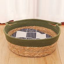 疯狂的小狗 猫窝藤编夏季编织凉窝四季通用半封闭式房子别墅猫咪床屋宠物用品 拼色蒲草窝【窝+日式睡垫】 L(25斤内-底部直径42cm，高15cm)