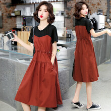 丁唯唯孕妇装夏装孕妇裙夏季外出新款孕妇连衣裙宽松中长款圆领时尚拼接舒适孕妈装 铁红色 L