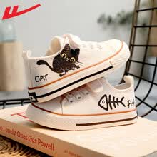 回力Warrior 新品儿童休闲鞋纯手工手绘款帆布鞋舒适透气时尚低帮小白鞋 猫吃鱼白 25