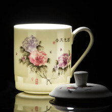 陶沁泉办公室茶杯定制logo带盖会议陶瓷景德镇商务家用茶具复古中式 国色天香500ml