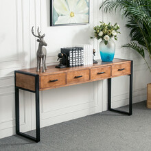 美式玄关桌复古 做旧实木书桌墙边长条窄桌 铁艺玄关台抽屉桌案台 120*40*75 三个抽屉 组装