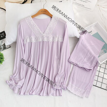 产后月子服夏季薄款莫代尔六哺乳衣夏天喂奶衣产妇睡衣坐月子 莫代尔V领蕾丝（紫色） L码（建议125-145斤）