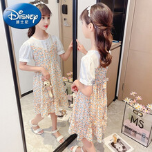 迪士尼童装女童连衣裙夏季小碎花裙子2021新款洋气中大童网红洋气潮女孩儿童公主裙小清新雪纺收腰长裙 桔色 140