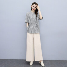 高档轻奢品牌休闲时尚棉麻套装女2021年新款夏季两件套套装阔腿裤大码女装宽松减龄透气显瘦女装 黑色条纹 M