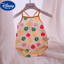 迪士尼【新品】婴儿吊带包屁衣棉夏季薄款三角哈衣护肚背心0-1岁女宝宝肚兜连体睡衣 黄色边 底色是米白色 66cm