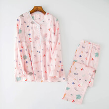 哺乳睡衣大码透气200斤特月子服春夏季款加肥纱布卡通孕妇家居服 V领-粉色小枫叶棉纱  3XL((合适产后160-185斤穿)