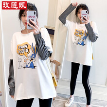 玫莲凯 孕妇装春秋季孕妇套装2021新款宽松时尚假两件拼接长袖孕妇T+托腹裤两件套 单白色上衣 M