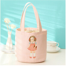 饭盒口袋 防水手提帆布饭盒袋子上班族圆形保温便当包加厚装饭口袋男女大号 粉红色