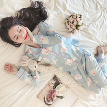 睡衣女春秋款长袖大码月子服孕妇韩版学生可爱女士夏季家居服套装 9#蓝色兔子(套装) L码(建议96-115斤)