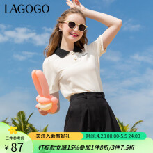 lagogo拉谷谷夏季新款撞色Polo领泡泡袖学院T恤女短袖设计感上衣 米色(T2) 155/S/36