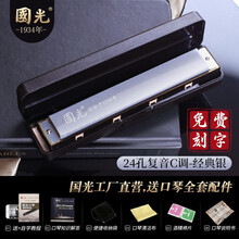 上海牌国光口琴24孔复音C调纪念版重音回音中小学生成人专业初学演奏口琴乐器带教材 复音c调-银色+全套自学礼包