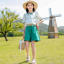 迪士尼Disney网红女童夏装套装2021新款儿童夏季短袖短裤洋气女孩时髦潮两件套 绿色 120cm(120cm)