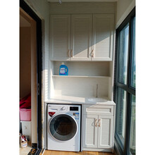 订做阳台太空铝洗衣机飘窗储物高低盆人造石台面水龙头一体组合柜 白色