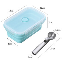 2021新品冰淇淋盒子带盖自制冰淇淋冷冻盒子硅胶折叠模具带盖家用做冰激凌可速冻辅食容器 蓝色带盖(800ML)+挖球器