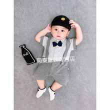 满月服男宝百天拍照衣服七八个月宝宝衣服夏季男宝宝背带英伦绅士连体衣百日满月礼服洋气婴儿哈衣爬服 灰色(不含帽子) 90cm