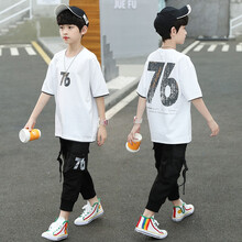吉象乐童装男童儿童套装夏装2021新款中大童韩版时尚运动洋气短袖T恤工装裤两件套小男孩衣服5-15岁 白色 170码（建议身高1米6左右）