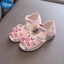 迪士尼女童绣花鞋2021夏季新款汉服鞋中国风宝宝透气儿童网鞋老北京布鞋 590粉色 36码/内长约22.5cm
