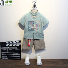 读祺唐装男童汉服男童夏装薄款古装儿童夏季民族风服装套装周岁宝宝中国风唐装 方框刺绣绿色 110(110尺码偏小一码)