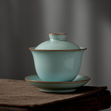 咪曦 汝窑盖碗天青色三才碗茶杯可开片可养功夫茶景德镇茶碗手工冰裂釉茶具礼盒装 天青盖碗155ml