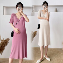 孕妇装夏装时尚潮妈短袖孕妇裙春夏季中长款外穿孕妇连衣裙子夏天大码宽松冰丝孕妈装 粉色 L