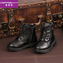 圣芙恺 童鞋2020秋季冬季儿童牛皮马丁靴男童女童靴子棉鞋中大童英伦小童宝宝软底皮靴加绒保暖牛皮短靴 黑色春秋单鞋 27码内长17cm