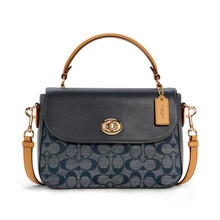 蔻驰 COACH 奢侈品 女士中号手提单肩斜挎包蓝色香布雷平纹面料配皮 C4921 IMDEI