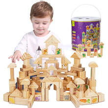 纽奇 木质积木 110件套动物水果蔬菜原木积木 双面图案创意拼搭早教启蒙原木积木玩具 桶装配收纳袋