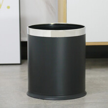 科灵垃圾桶简约塑料客厅家用卧室厨房卫生间办公室圆形双层无盖北欧风皮革 质感黑色