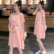 南叮雅格孕妇连衣裙夏季时尚潮妈2021新款遮肚不显怀减龄网红中长款T恤裙子上衣孕妇夏装 短袖-粉色 XL