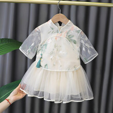 汉服女童夏装中国风套装夏季薄款小孩周岁女宝宝短袖儿童唐装古装 奶白色 80