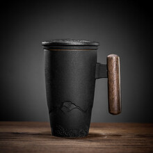 言和堂 过滤泡茶杯 陶瓷带盖马克杯大容量办公室茶杯家用喝茶杯子 言-朴尚马克杯（全黑）F2a #49