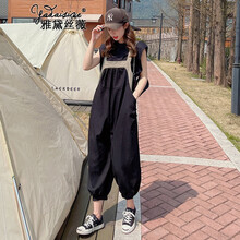雅黛丝薇 背带裤套装女夏季2021韩版宽松时尚休闲九分连体裤小个子洋气减龄哈伦阔腿裤两件装 黑色套装 M