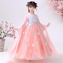 女童汉服连衣裙儿童装公主裙大童2021新款春款夏装小女孩裙子夏季 粉色+披帛 140cm(.)
