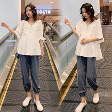 孕妇裤夏天外穿宽松舒适孕妇装夏装时尚新款孕妇打底裤夏季孕妈装休闲孕妇T恤短袖上衣孕妇套装两件套夏装 白T+蓝色孕妇裤【8870】 L