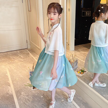迪莎童话童装女童汉服连衣裙六一儿童表演服套裙女孩夏季表演服演出服唐装旗袍裙 绿色 120