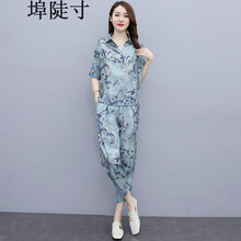 休闲裤女埠陡寸2021夏装新品中老年女装宽松时尚遮肚子显瘦两件冰丝雪纺运动休闲裤套装 蓝色 M【80-95】