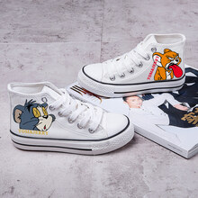 【品牌优选】童鞋手绘儿童帆布鞋夏新款男童女童鞋子小白鞋涂鸦学生板鞋运动鞋 高帮白猫鼠 30