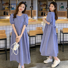 幸孕佳儿 孕妇装2021夏季新款韩版时尚清新减龄圆领短袖格子拼接过膝长裙潮妈外出宽松遮肚孕妇连衣裙 蓝色 L